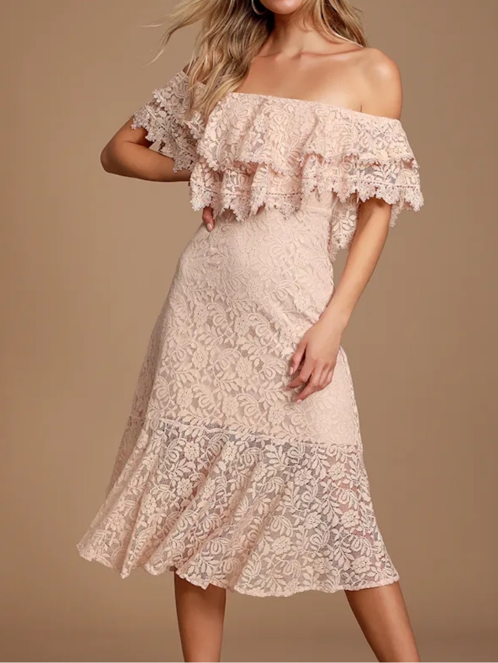 Lulus Jaclyn Blush Pink Lace Off-the-Shoulder Midi Dress Wedding Formal  XL New